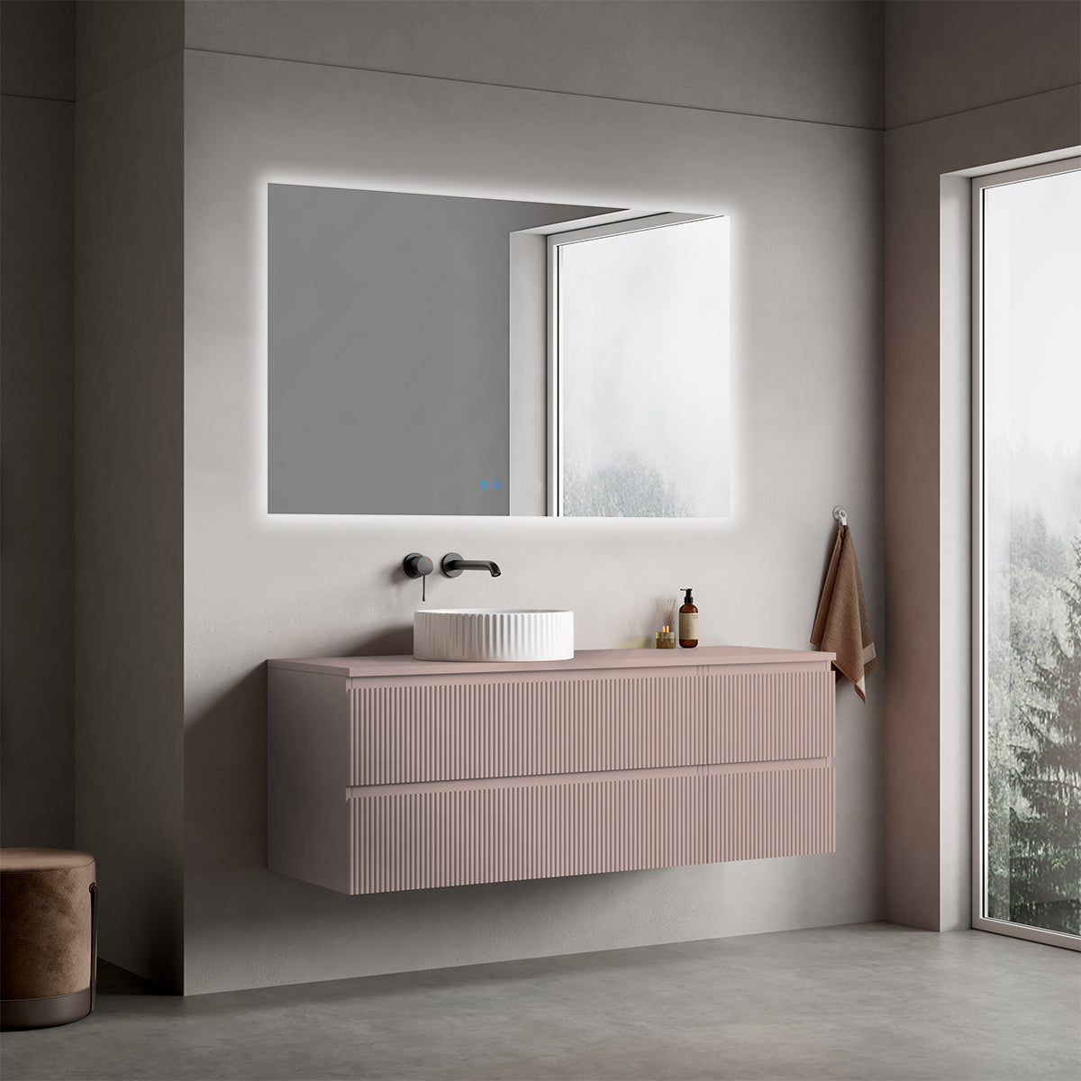 Mobile bagno sospeso cannettato reversibile  140 cm Rosa Retrò per Lavabo d'appoggio Specchio Quadro Retroilluminato - Fiji Paint Top Canneté