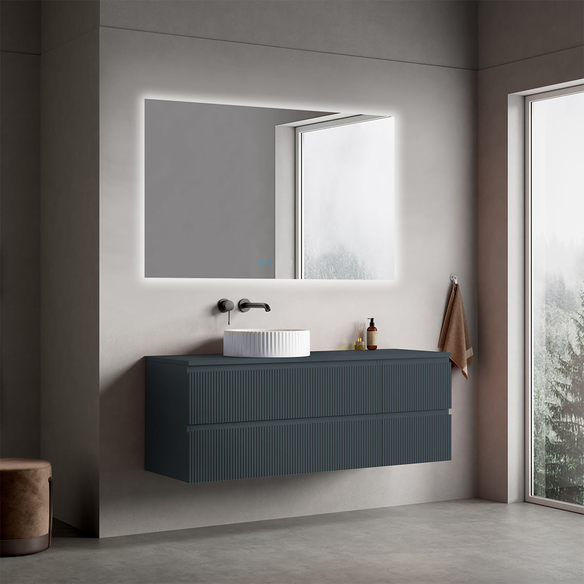 Mobile bagno sospeso cannettato reversibile  140 cm Blu Mare per Lavabo d'appoggio Specchio Quadro Retroilluminato - Fiji Paint Top Canneté