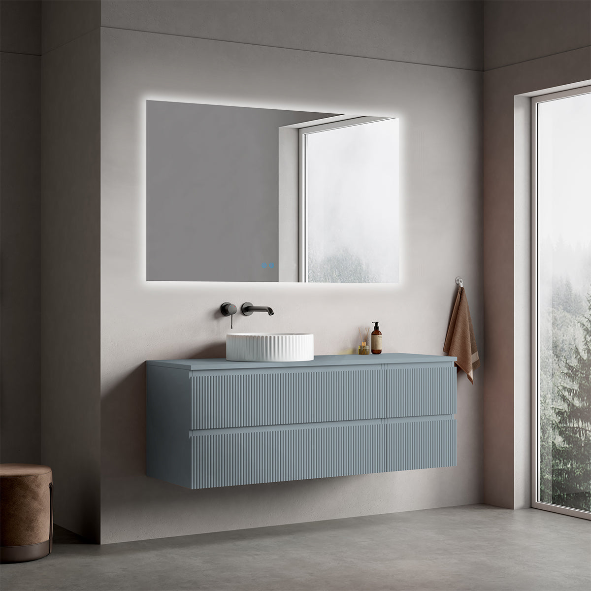 Mobile bagno sospeso cannettato reversibile  140 cm Blu Avio per Lavabo d'appoggio Specchio Quadro Retroilluminato - Fiji Paint Top Canneté