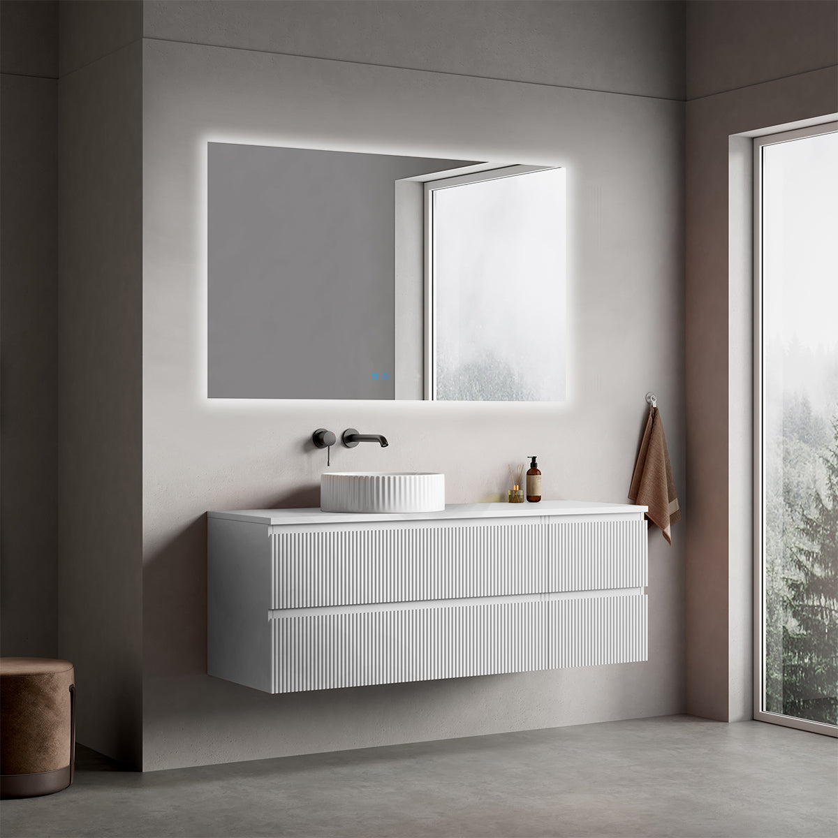 Mobile bagno sospeso cannettato reversibile  140 cm Bianco Opaco per Lavabo d'appoggio Specchio Quadro Retroilluminato - Fiji Paint Top Canneté