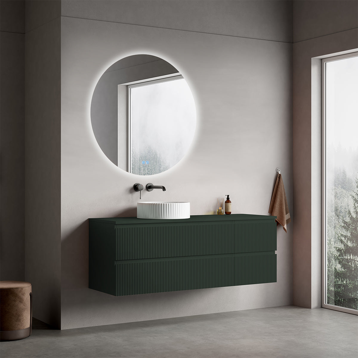 Mobile bagno sospeso cannettato reversibile  140 cm Verde Comodoro  per Lavabo d'appoggio Specchio Tondo Retroilluminato - Fiji Paint Top Canneté