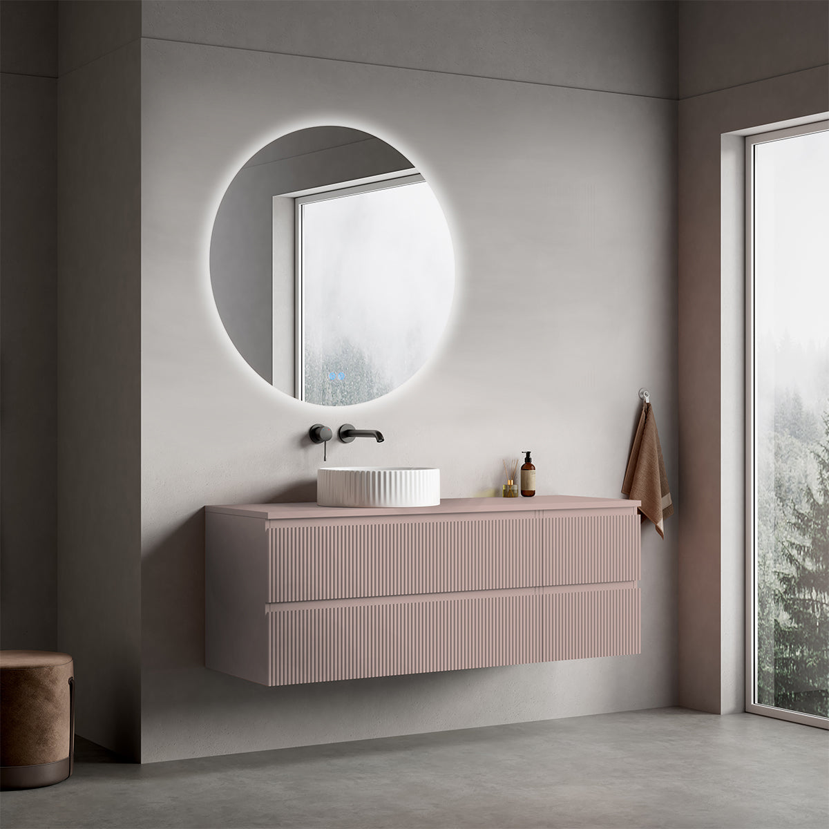 Mobile bagno sospeso cannettato reversibile  140 cm Rosa Retrò per Lavabo d'appoggio Specchio Tondo Retroilluminato - Fiji Paint Top Canneté