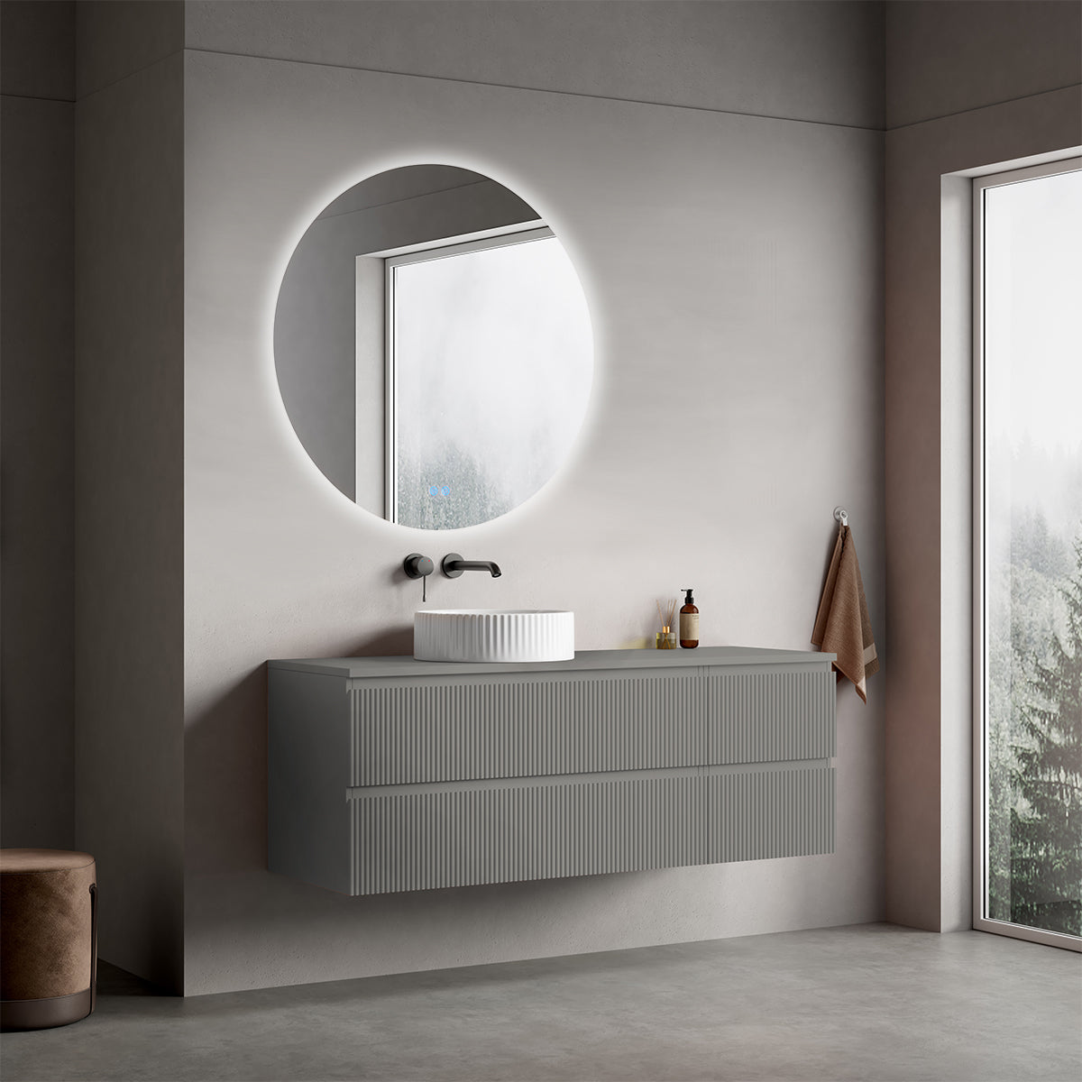 Mobile bagno sospeso cannettato reversibile  140 cm Grigio Londra per Lavabo d'appoggio Specchio Tondo Retroilluminato - Fiji Paint Top Canneté