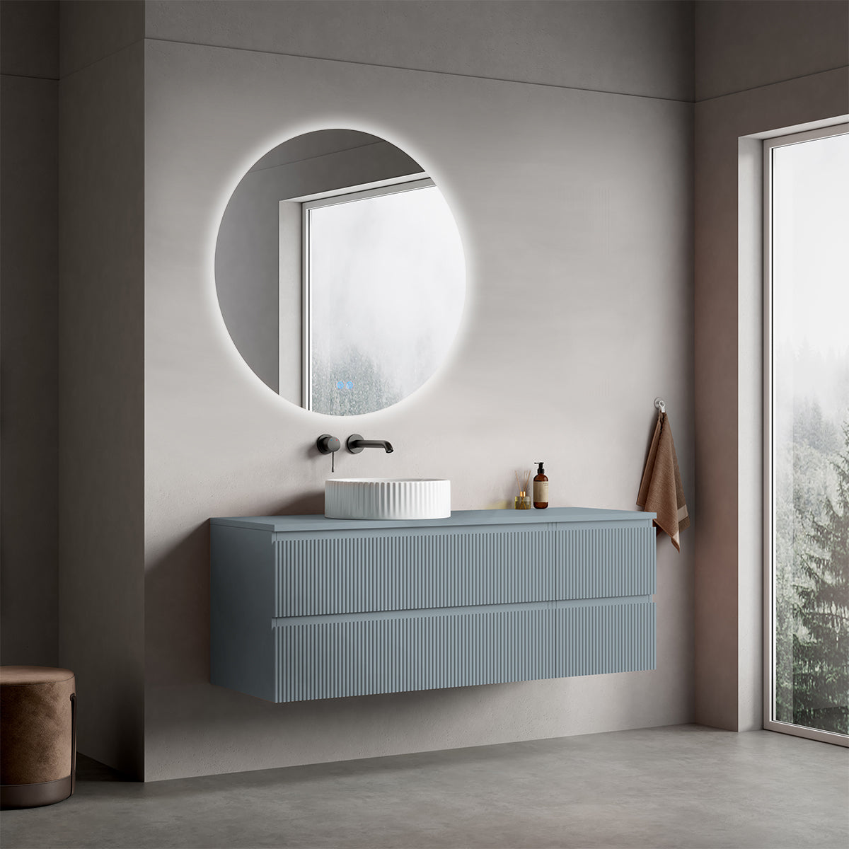 Mobile bagno sospeso cannettato reversibile  140 cm Blu Avio per Lavabo d'appoggio Specchio Tondo Retroilluminato - Fiji Paint Top Canneté