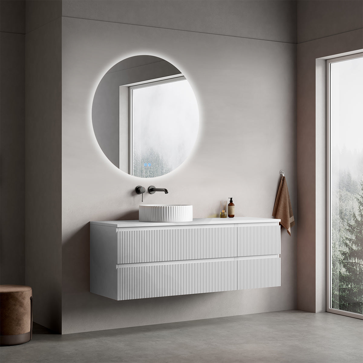 Mobile bagno sospeso cannettato reversibile  140 cm Bianco Opaco per Lavabo d'appoggio Specchio Tondo Retroilluminato - Fiji Paint Top Canneté