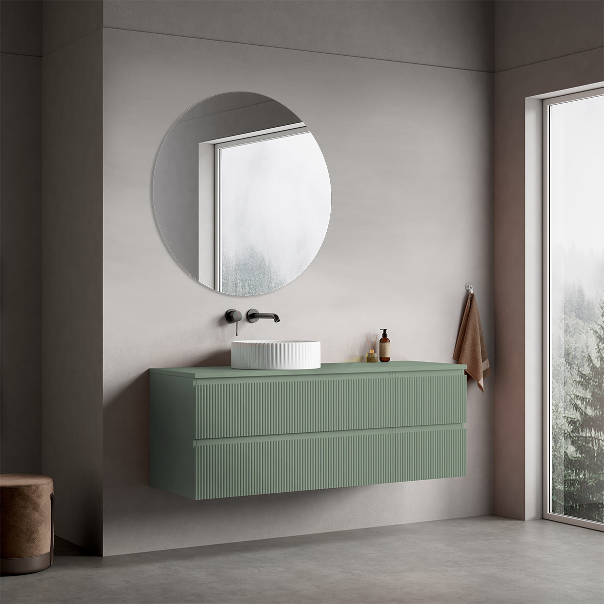 Mobile bagno sospeso cannettato reversibile  140 cm Verde Salvia per Lavabo d'appoggio Specchio Tondo - Fiji Paint Top Canneté