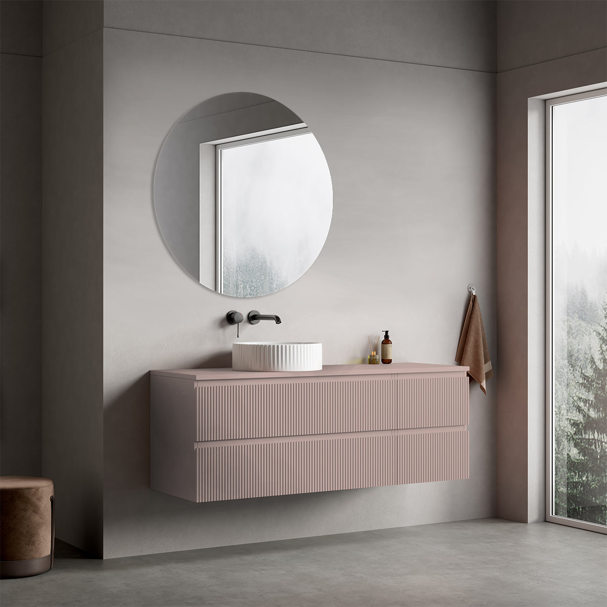 Mobile bagno sospeso cannettato reversibile  140 cm Rosa Retrò per Lavabo d'appoggio Specchio Tondo - Fiji Paint Top Canneté