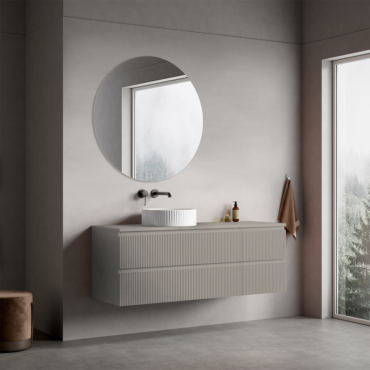Mobile bagno sospeso cannettato reversibile  140 cm Grigio Cenere  per Lavabo d'appoggio Specchio Tondo - Fiji Paint Top Canneté