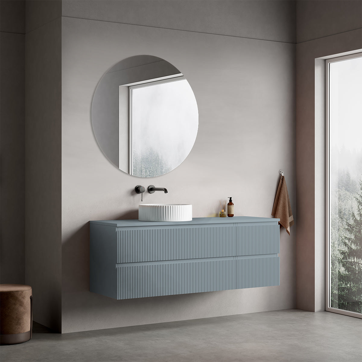 Mobile bagno sospeso cannettato reversibile  140 cm Blu Avio per Lavabo d'appoggio Specchio Tondo - Fiji Paint Top Canneté