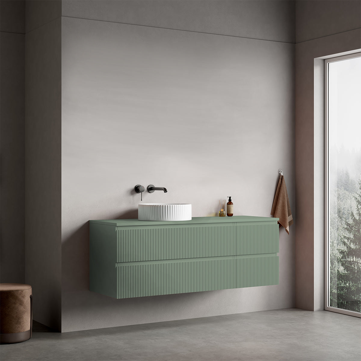 Mobile bagno sospeso cannettato reversibile  140 cm Verde Salvia per Lavabo d'appoggio Senza Specchio - Fiji Paint Top Canneté