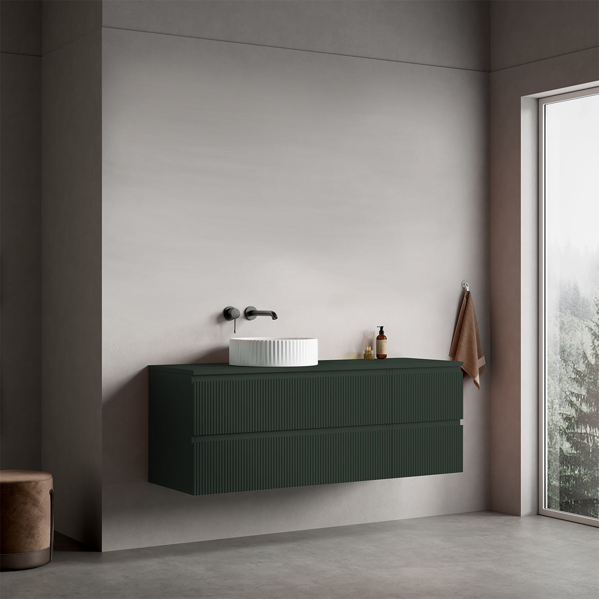 Mobile bagno sospeso cannettato reversibile  140 cm Verde Comodoro  per Lavabo d'appoggio Senza Specchio - Fiji Paint Top Canneté