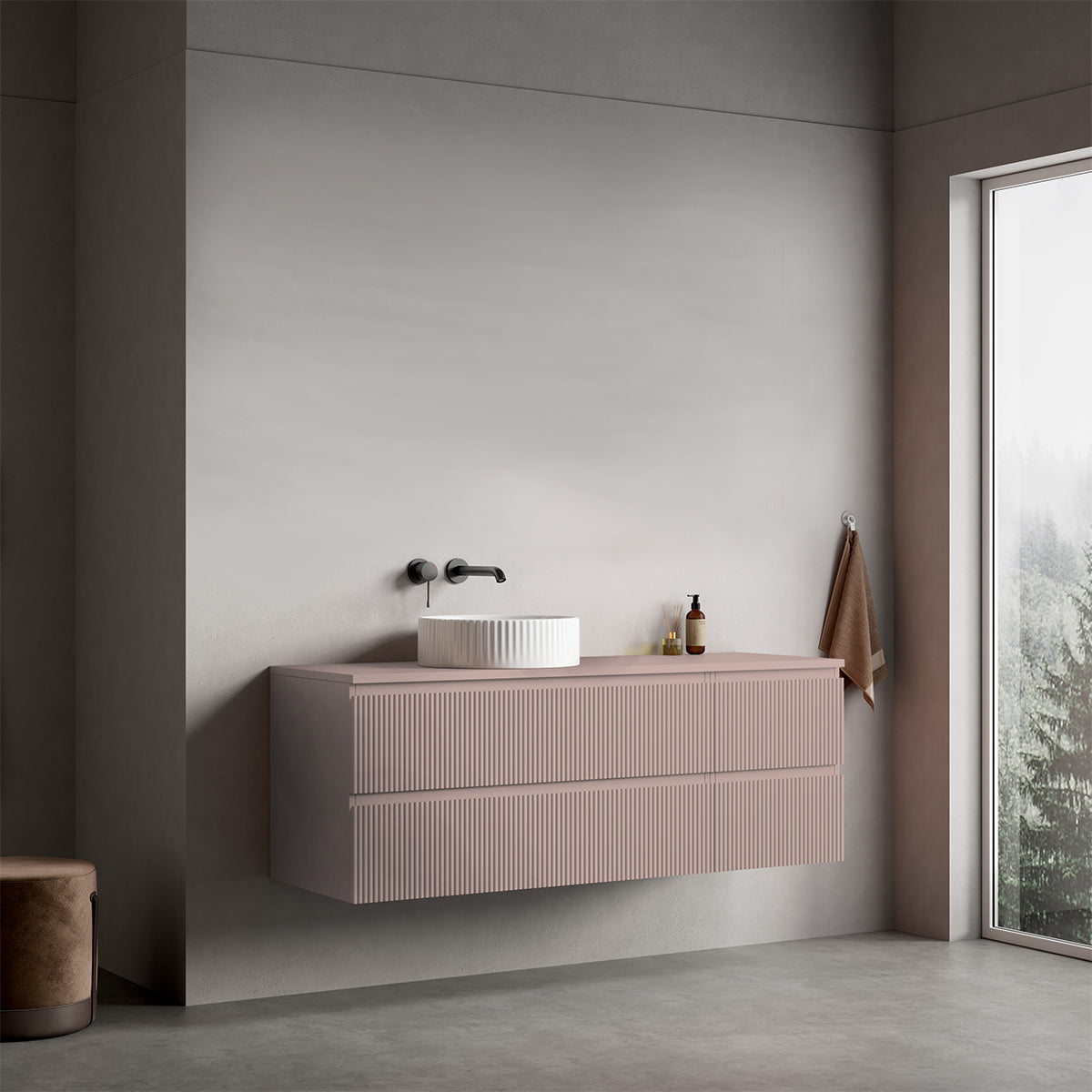 Mobile bagno sospeso cannettato reversibile  140 cm Rosa Retrò per Lavabo d'appoggio Senza Specchio - Fiji Paint Top Canneté