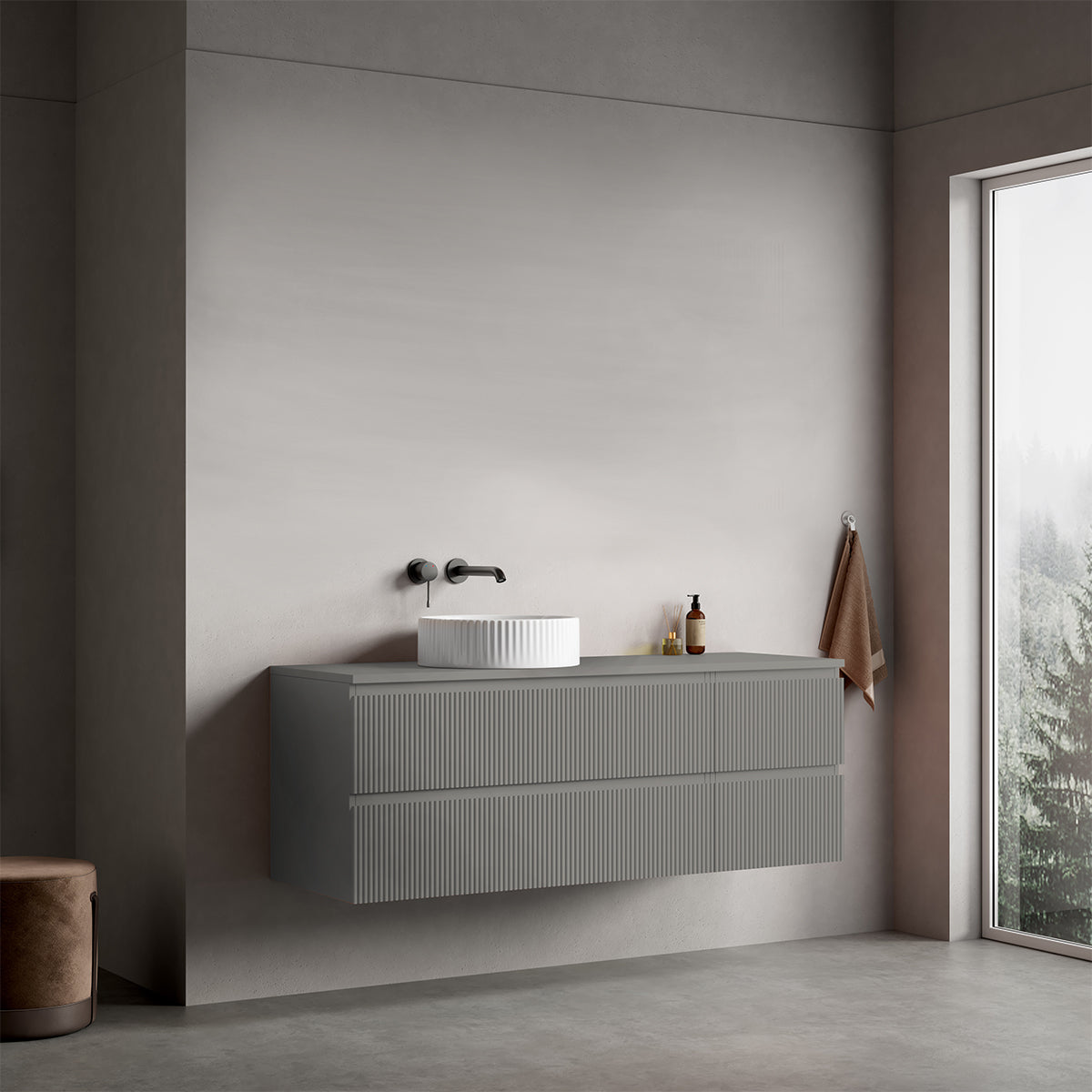 Mobile bagno sospeso cannettato reversibile  140 cm Grigio Londra per Lavabo d'appoggio Senza Specchio - Fiji Paint Top Canneté