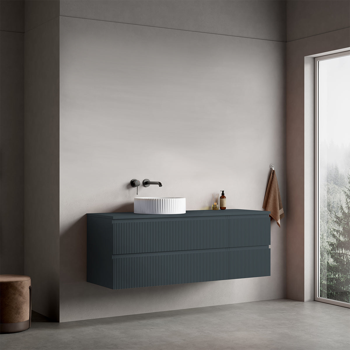 Mobile bagno sospeso cannettato reversibile  140 cm Blu Mare per Lavabo d'appoggio Senza Specchio - Fiji Paint Top Canneté
