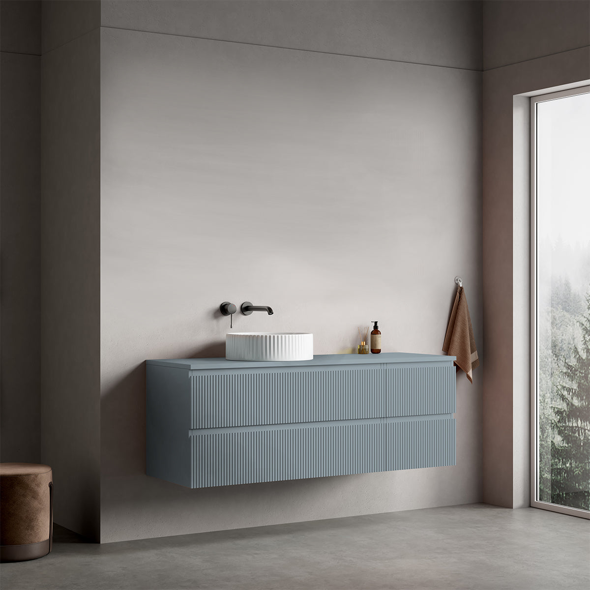 Mobile bagno sospeso cannettato reversibile  140 cm Blu Avio per Lavabo d'appoggio Senza Specchio - Fiji Paint Top Canneté
