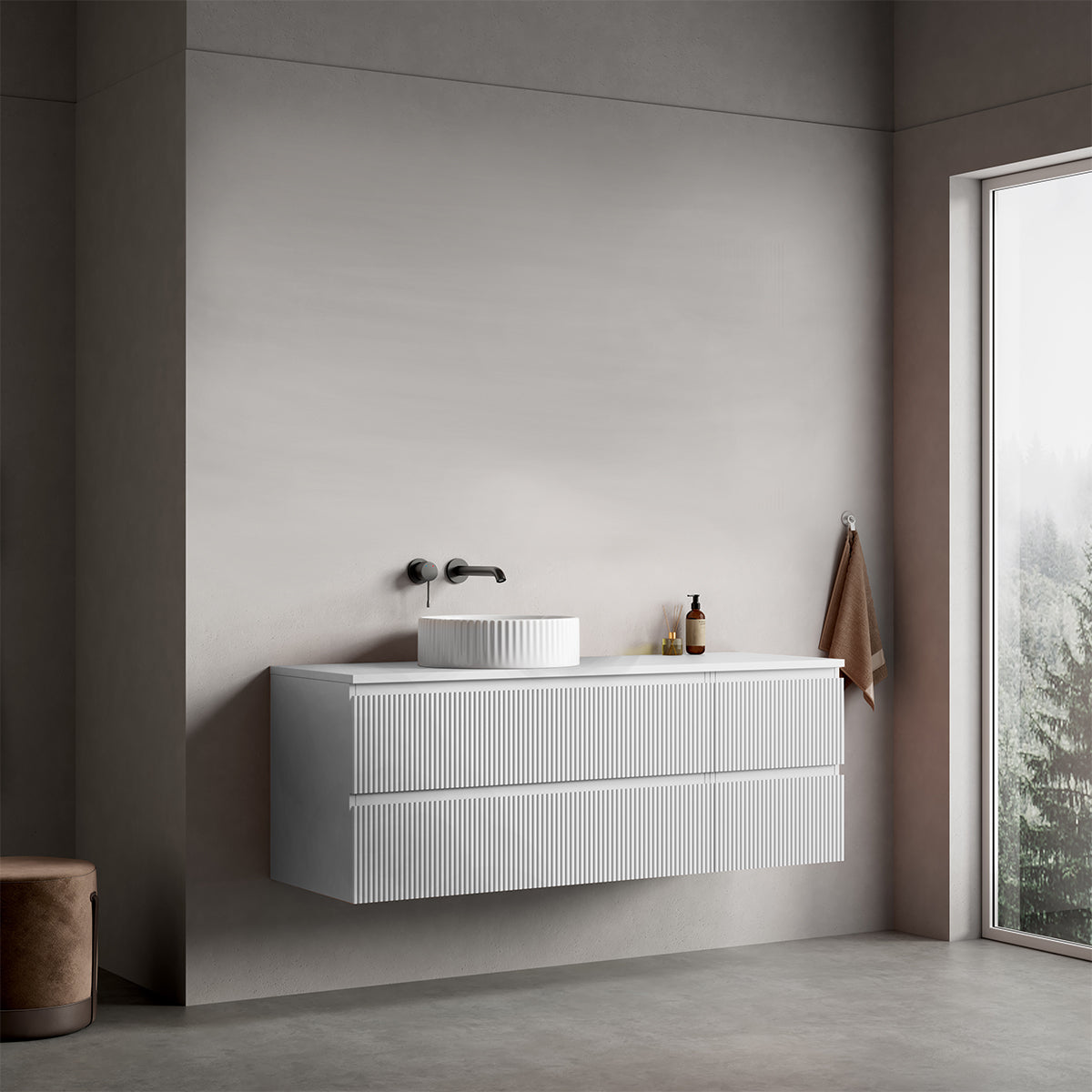 Mobile bagno sospeso cannettato reversibile  140 cm Bianco Opaco per Lavabo d'appoggio Senza Specchio - Fiji Paint Top Canneté