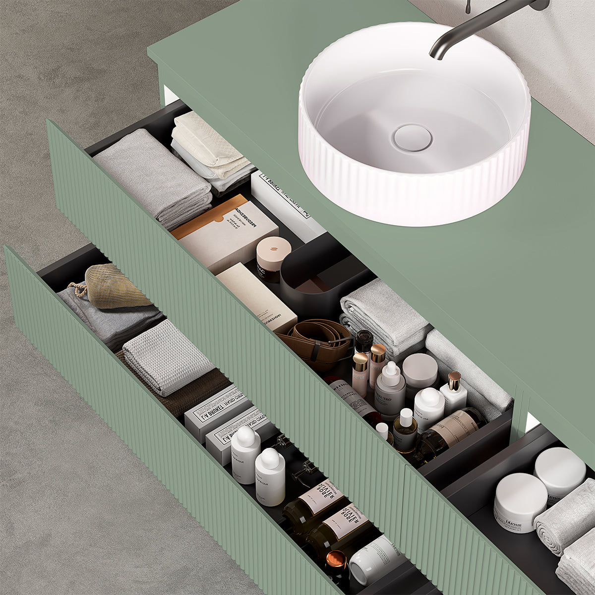 Mobile bagno sospeso cannettato reversibile  140 cm Verde Salvia per Lavabo d'appoggio Specchio Quadro Retroilluminato - Fiji Paint Top Canneté