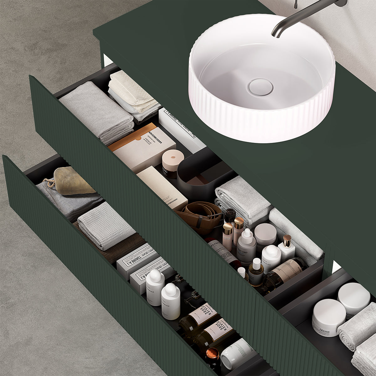 Mobile bagno sospeso cannettato reversibile  140 cm Verde Comodoro  per Lavabo d'appoggio Senza Specchio - Fiji Paint Top Canneté