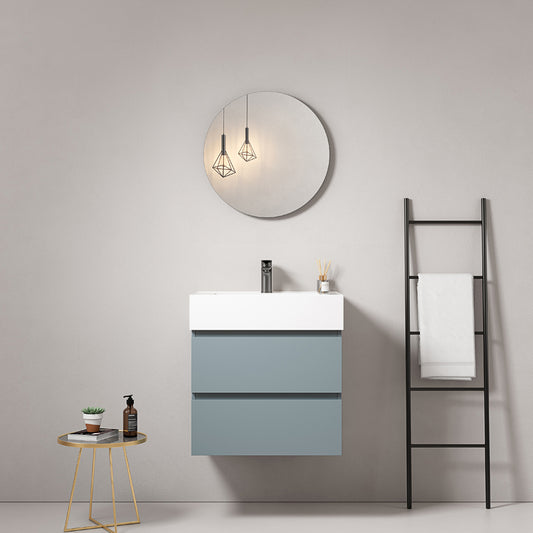 60cm suspended bathroom cabinet Avio Blue Resin sink Round mirror - Fiji Paint