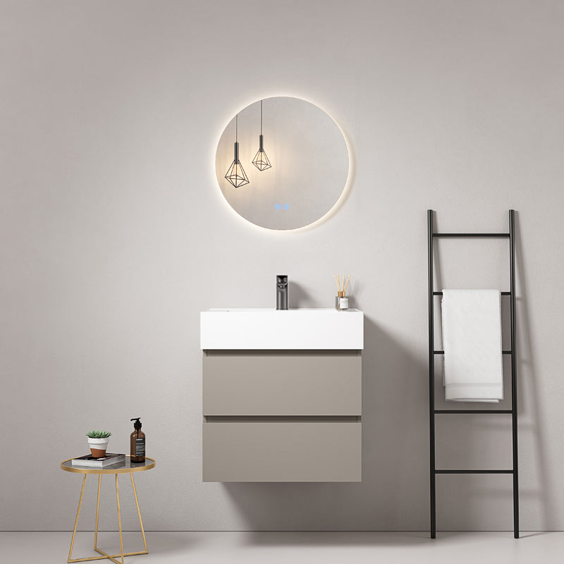 60cm Ash Grey Wall-hung Bathroom Cabinet Resin Sink Round Backlit Mirror - Fiji Paint