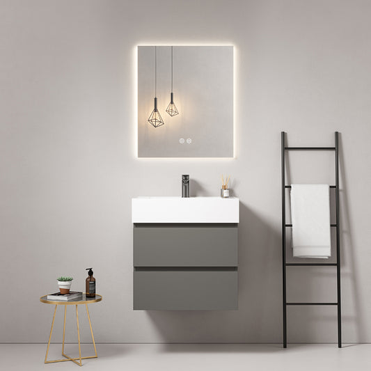 60cm London Grey Wall-hung Bathroom Cabinet Resin Sink Backlit Mirror - Fiji Paint