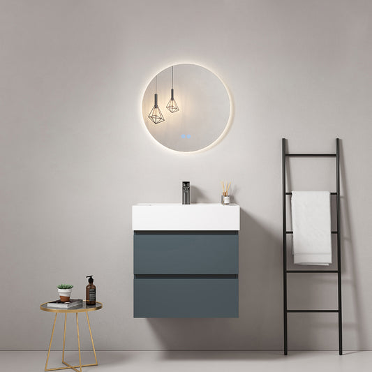 60cm Wall-hung Bathroom Cabinet Sea Blue Resin Sink Round Backlit Mirror - Fiji Paint