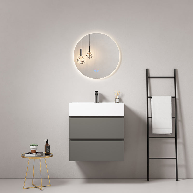 60cm London Grey Wall-hung Bathroom Cabinet Resin Sink Backlit Round Mirror - Fiji Paint