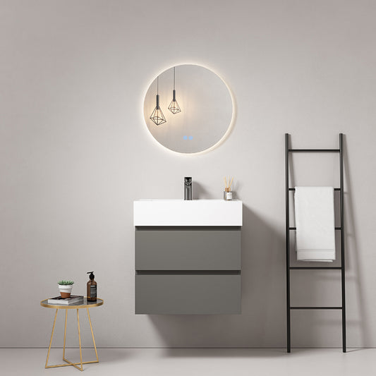 60cm London Grey Wall-hung Bathroom Cabinet Resin Sink Backlit Round Mirror - Fiji Paint