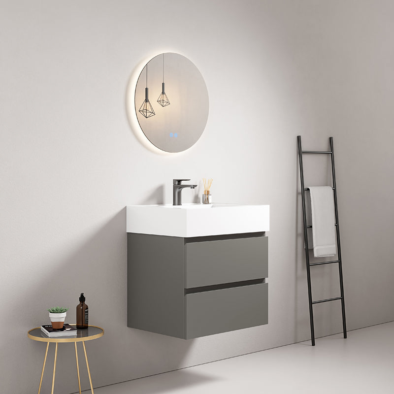 60cm London Grey Wall-hung Bathroom Cabinet Resin Sink Backlit Round Mirror - Fiji Paint