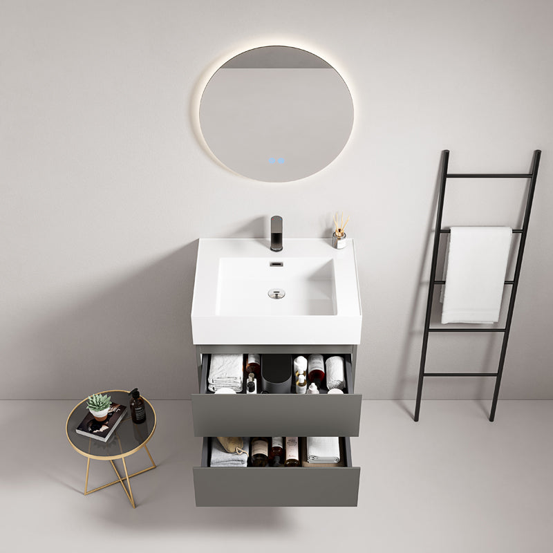 60cm London Grey Wall-hung Bathroom Cabinet Resin Sink Backlit Round Mirror - Fiji Paint