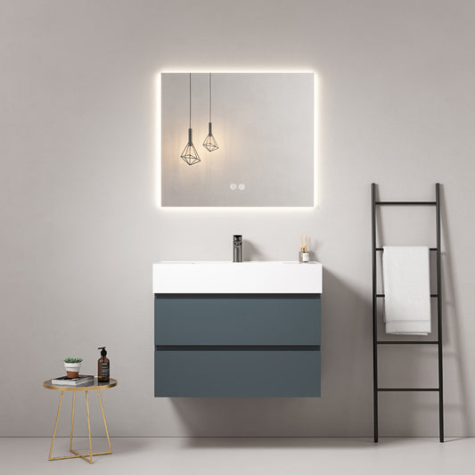80cm Wall-hung Bathroom Cabinet Sea Blue Resin Sink Backlit Mirror - Fiji Paint