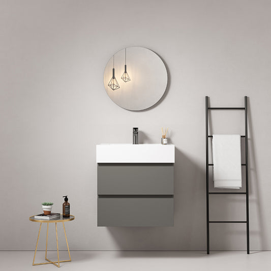 60cm London Grey Wall-Hung Bathroom Cabinet Resin Sink Round Mirror - Fiji Paint