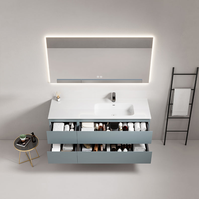 Mobile bagno sospeso 140 cm Blu Avio Lavabo a Destra in Resina Specchio Quadro Retroilluminato - Fiji Paint