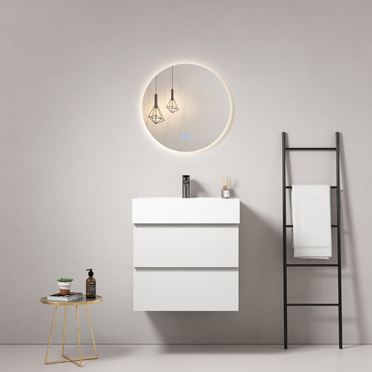 60cm White Wall-hung Bathroom Cabinet Resin Sink Round Backlit Mirror - Fiji Paint
