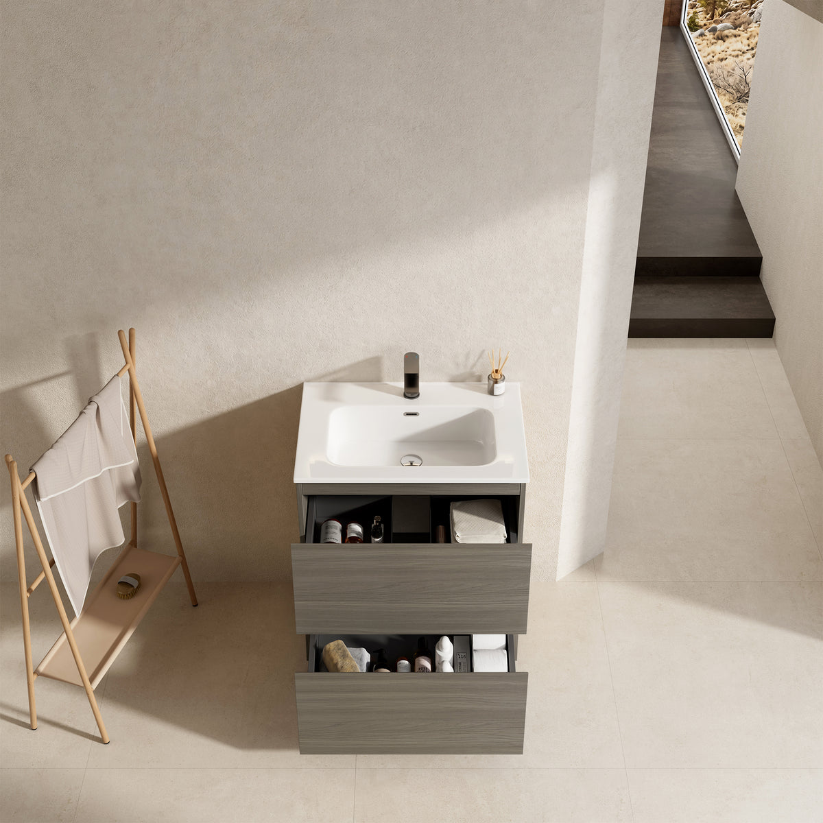 Mobile bagno a Terra 60 cm Beige Lavabo in Ceramica Senza Specchio - Nube Wood