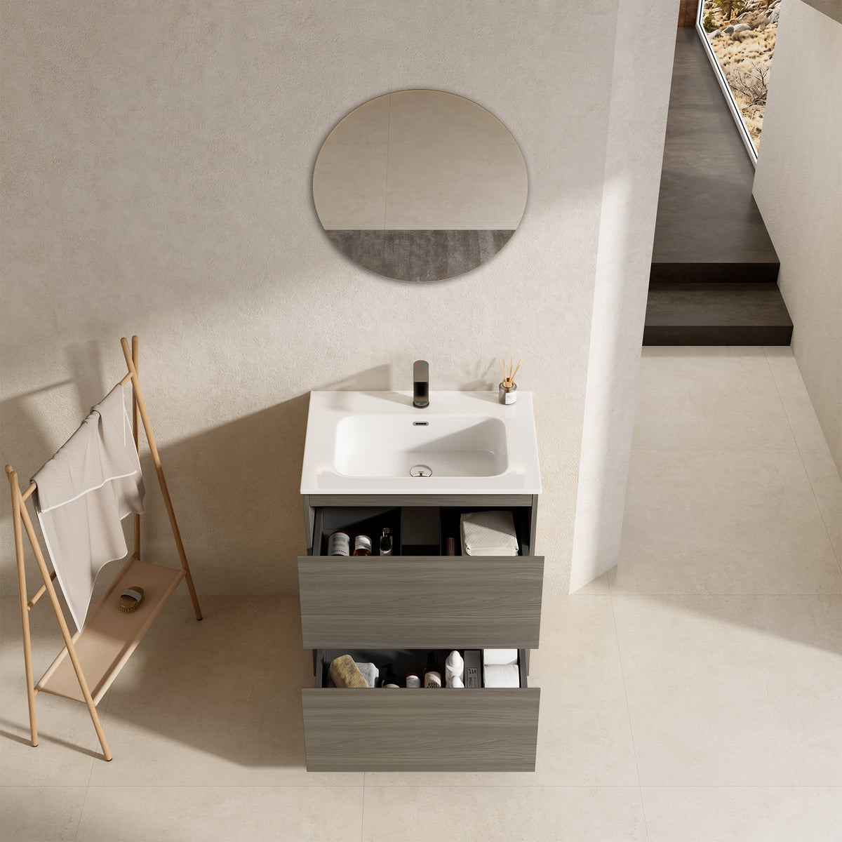 Mobile bagno a Terra 60 cm Beige Lavabo in Ceramica Specchio Tondo - Nube Wood