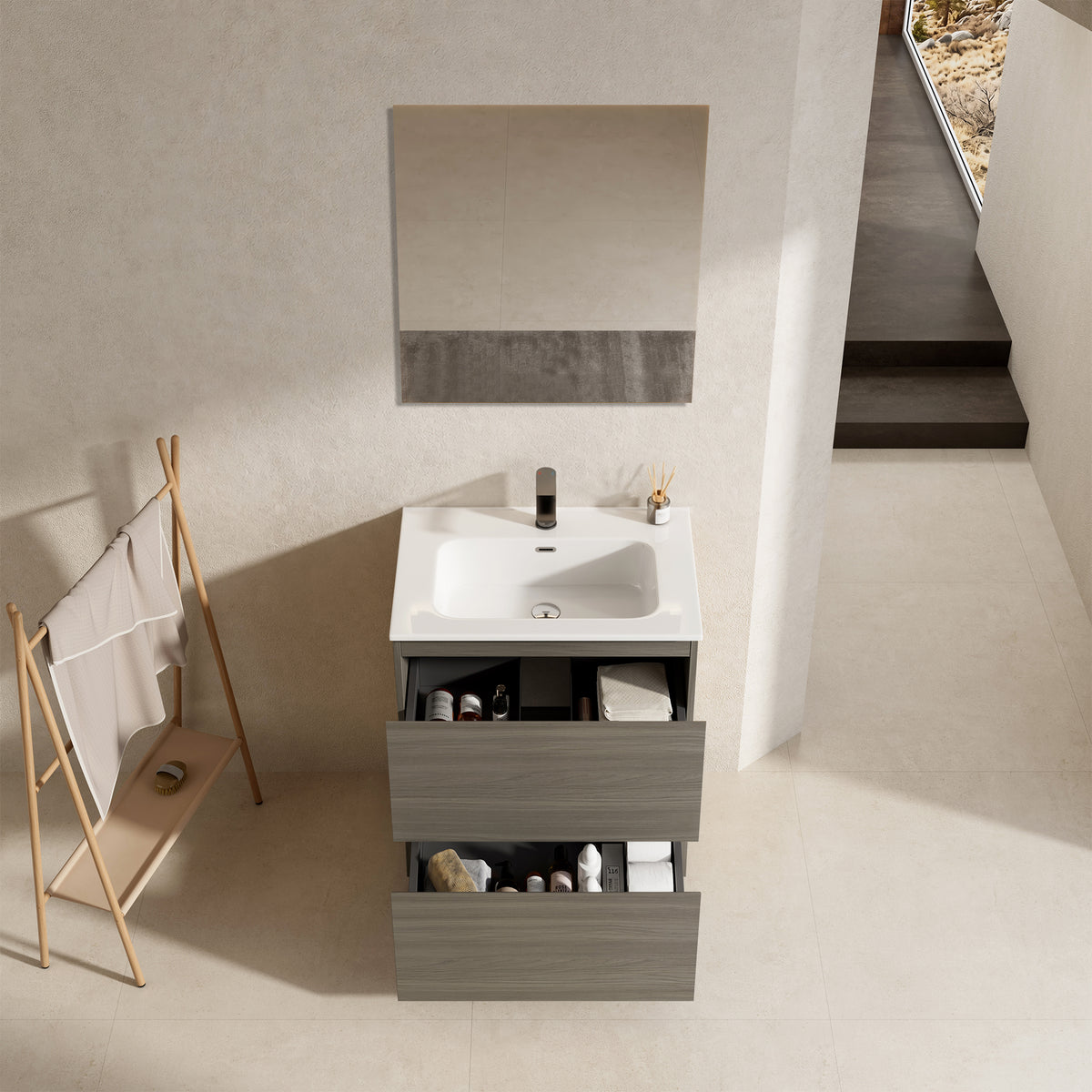 Mobile bagno a Terra 60 cm Beige Lavabo in Ceramica Specchio Tondo Retroilluminato - Nube Wood