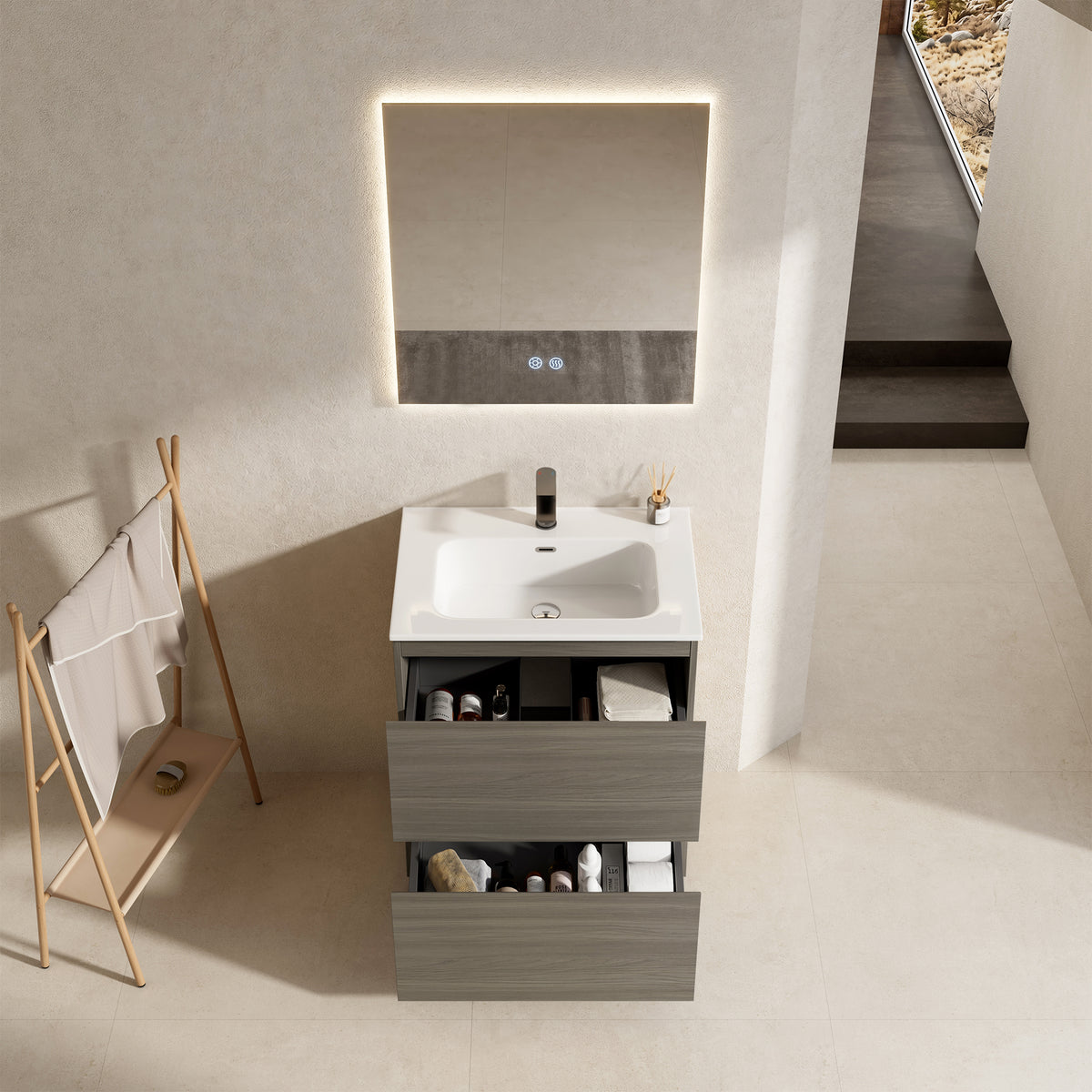 Mobile bagno a Terra 60 cm Beige Lavabo in Ceramica Specchio Quadro Retroilluminato - Nube Wood