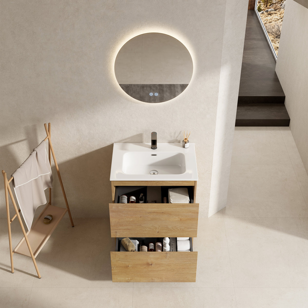 Mobile bagno a Terra 60 cm Bruno Medio Lavabo in Ceramica Specchio Quadro - Nube Wood