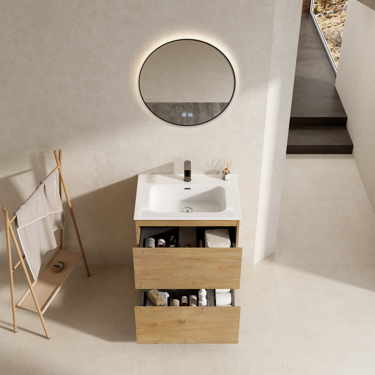 Mobile bagno a Terra 60 cm Bruno Medio Lavabo in Ceramica Specchio Tondo Retroilluminato Profilo Nero - Nube Wood