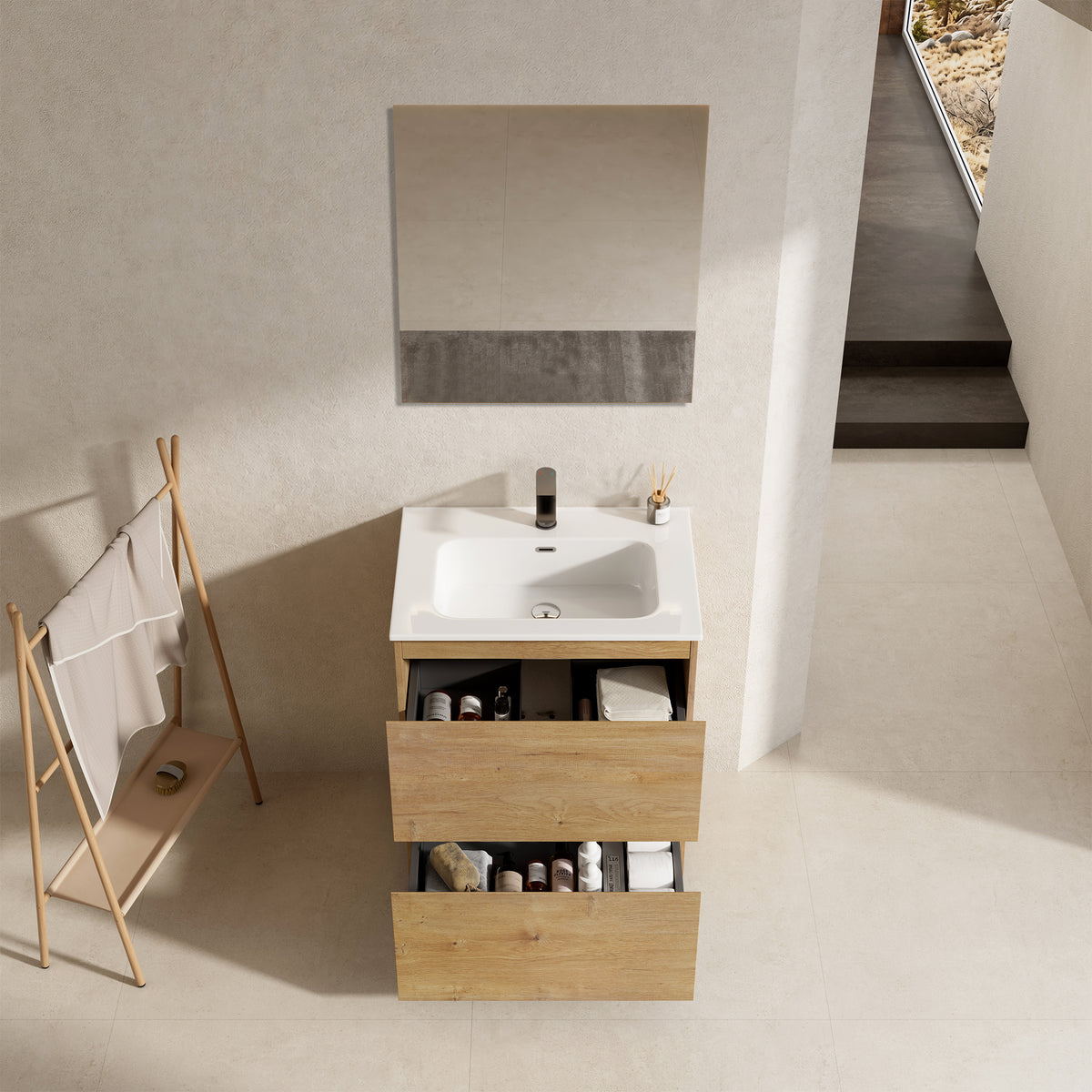 Mobile bagno a Terra 60 cm Bruno Medio Lavabo in Ceramica Specchio Tondo Retroilluminato - Nube Wood