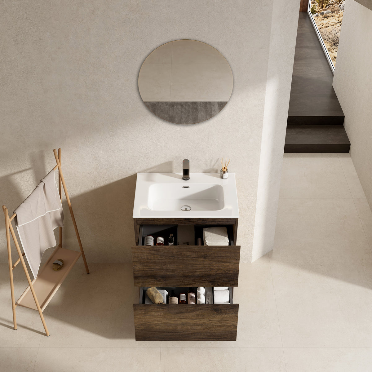 Mobile bagno a Terra 60 cm Bruno Scuro Lavabo in Ceramica Specchio Tondo - Nube Wood