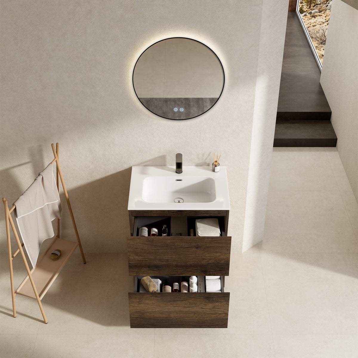 Mobile bagno a Terra 60 cm Bruno Scuro Lavabo in Ceramica Specchio Tondo Retroilluminato Profilo Nero - Nube Wood