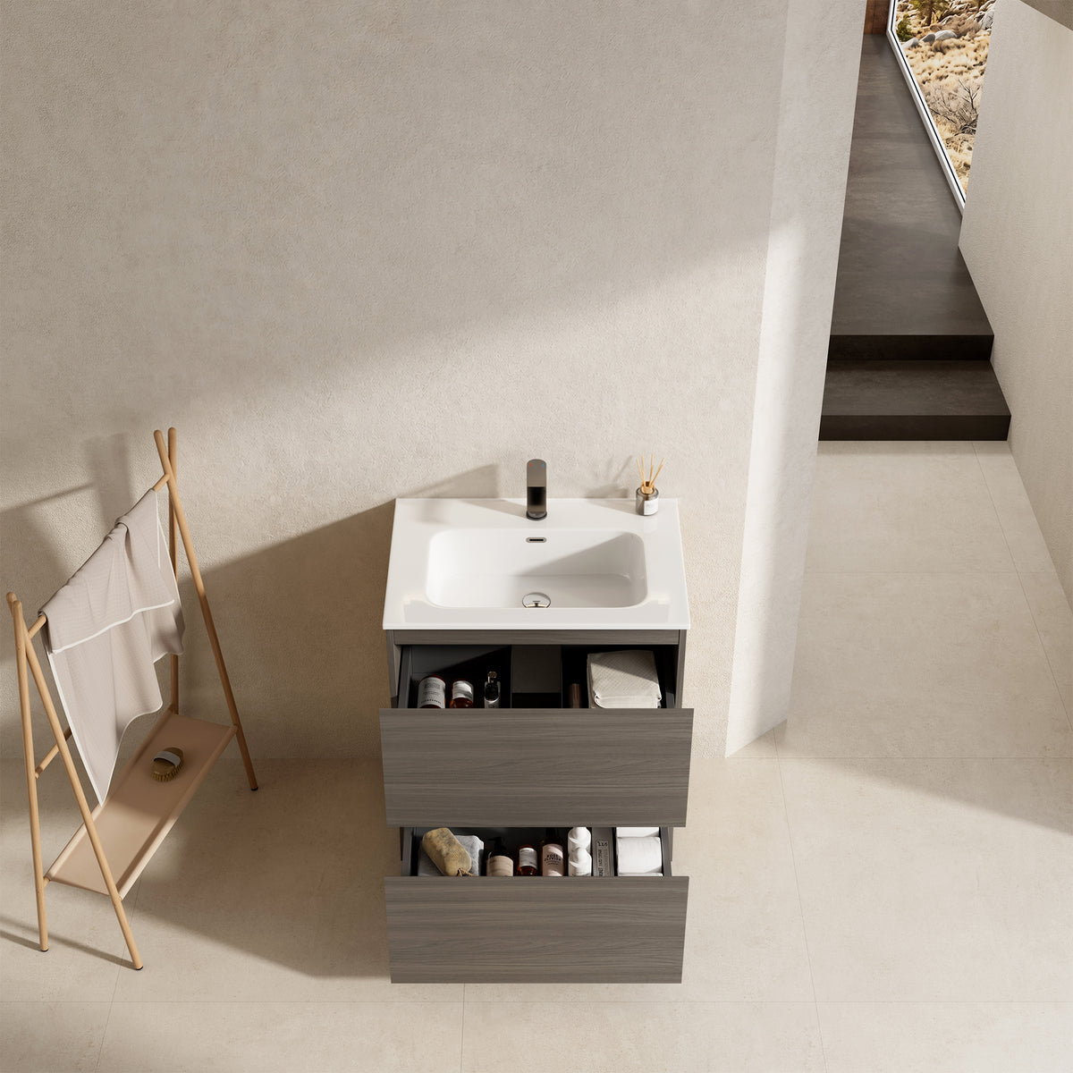 Mobile bagno a Terra 60 cm Grigio Lavabo in Ceramica Senza Specchio - Nube Wood