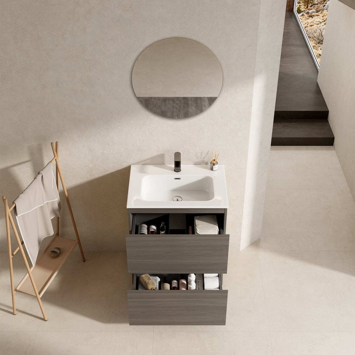 Mobile bagno a Terra 60 cm Grigio Lavabo in Ceramica Specchio Tondo - Nube Wood