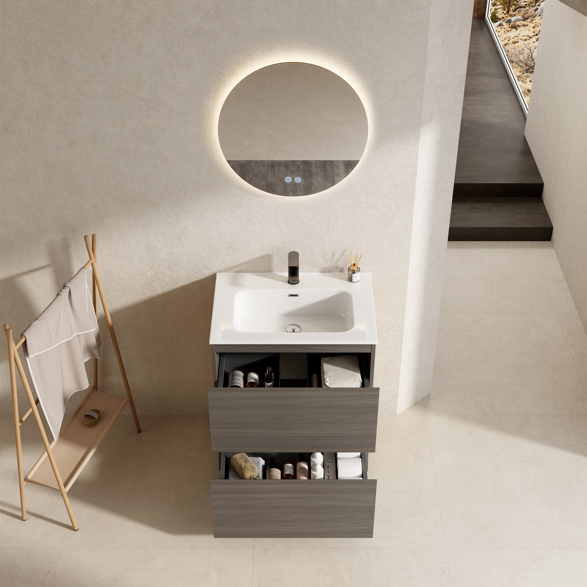 Mobile bagno a Terra 60 cm Grigio Lavabo in Ceramica Specchio Quadro - Nube Wood