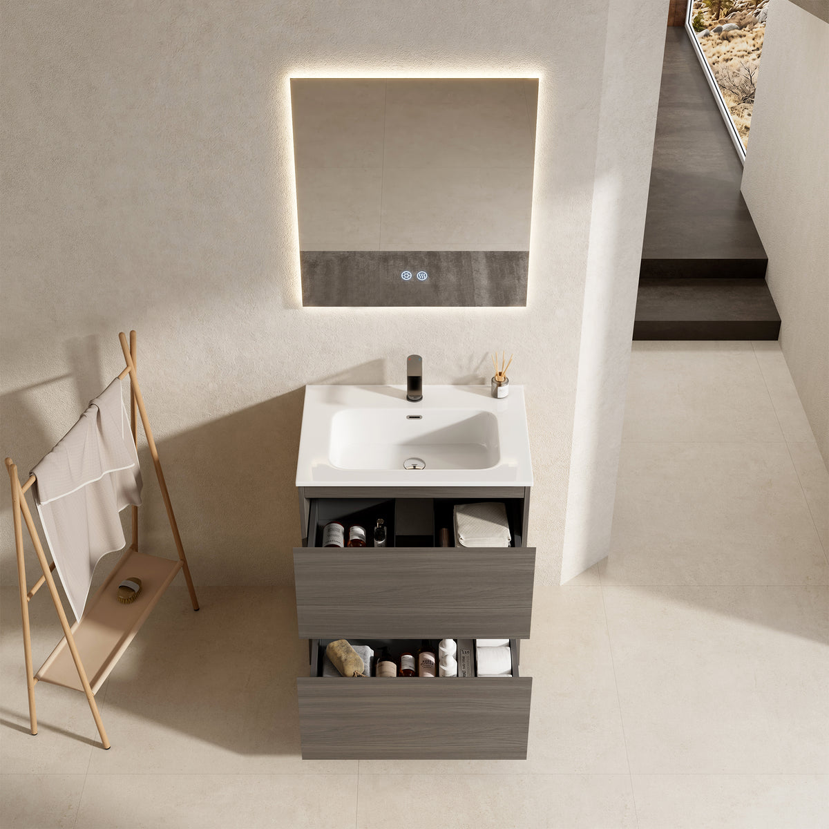 Mobile bagno a Terra 60 cm Grigio Lavabo in Ceramica Specchio Quadro Retroilluminato - Nube Wood