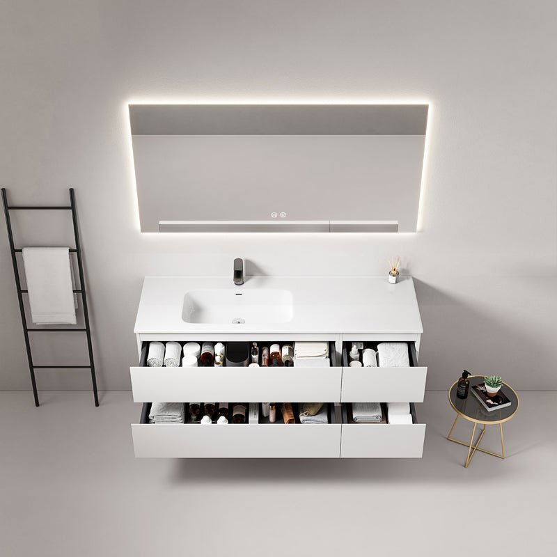 Mobile bagno sospeso 140 cm Bianco Lavabo a Sinistra in Resina Specchio Quadro Retroilluminato - Fiji Paint