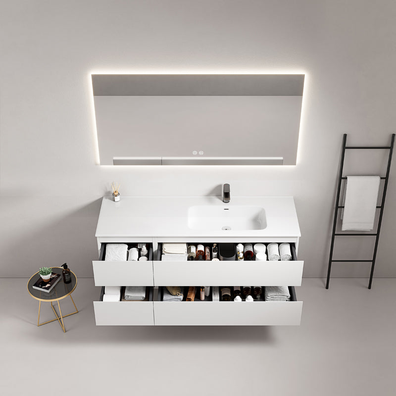 Mobile bagno sospeso 140 cm Bianco Lavabo a Destra in Resina Specchio Quadro Retroilluminato - Fiji Paint