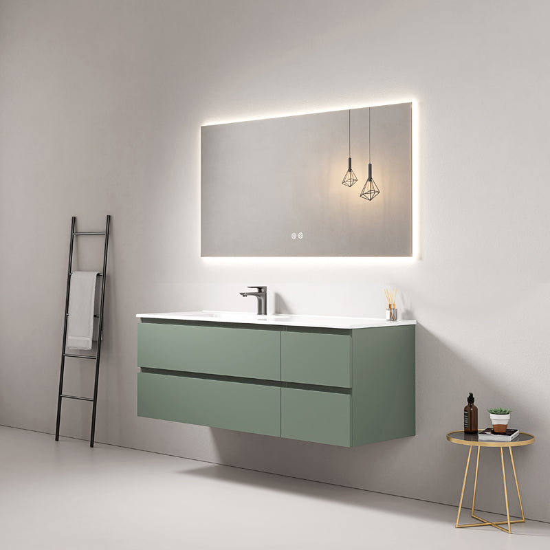 Mobile bagno sospeso 140 cm Verde Salvia Lavabo a Sinistra in Resina Specchio Quadro Retroilluminato - Fiji Paint